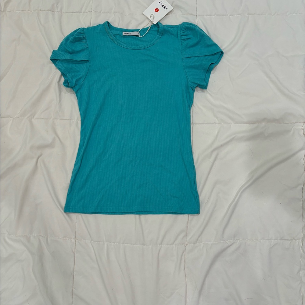 Women’s Turquoise Ruffled Sleeves Full Length Short Sleeve Shirt